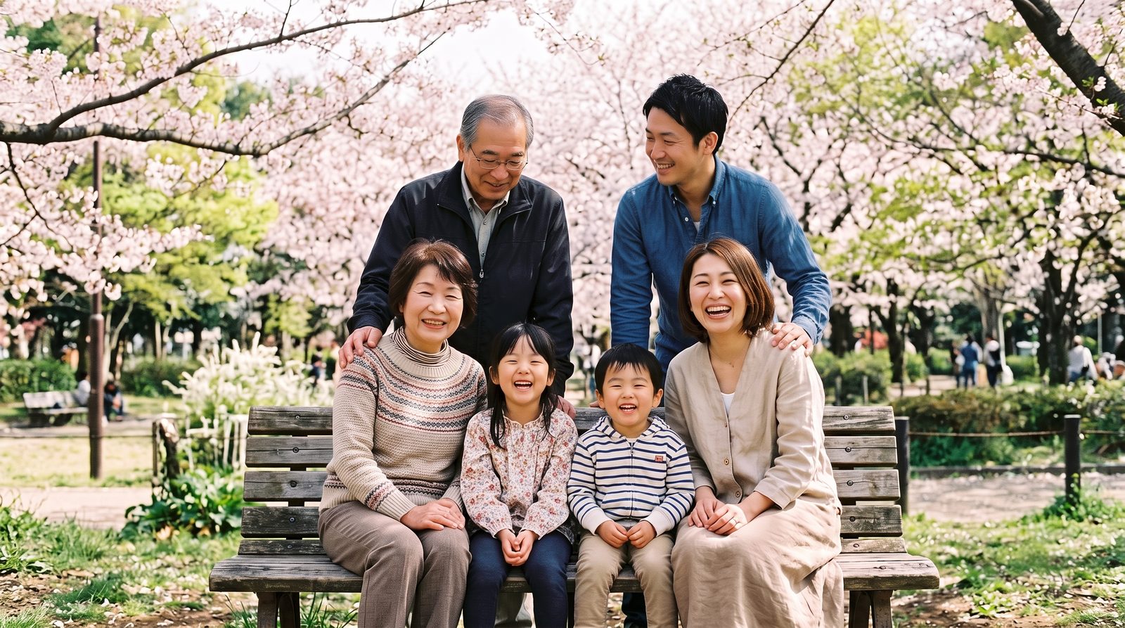 桜の咲く公園で、ベンチに座る祖母・孫二人・母を、その後ろに立つ祖父と父が見守りながら笑い合っている三世代家族の様子